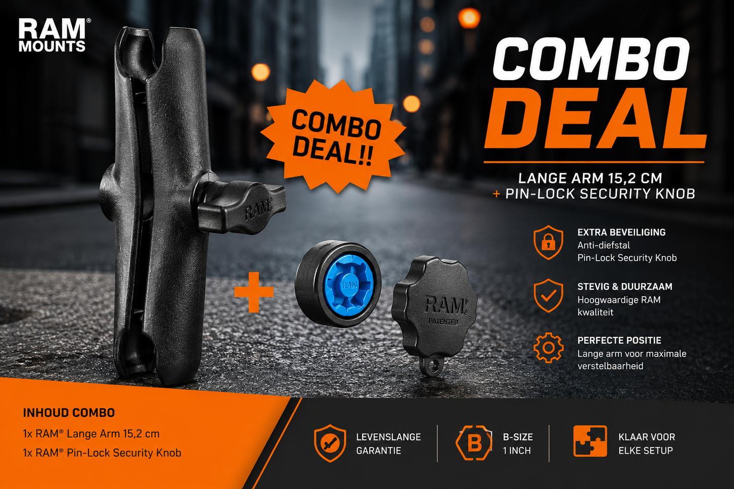 RAM Mount Combo Deal Lange Arm + Pin-Lock Security Knop | B-Size