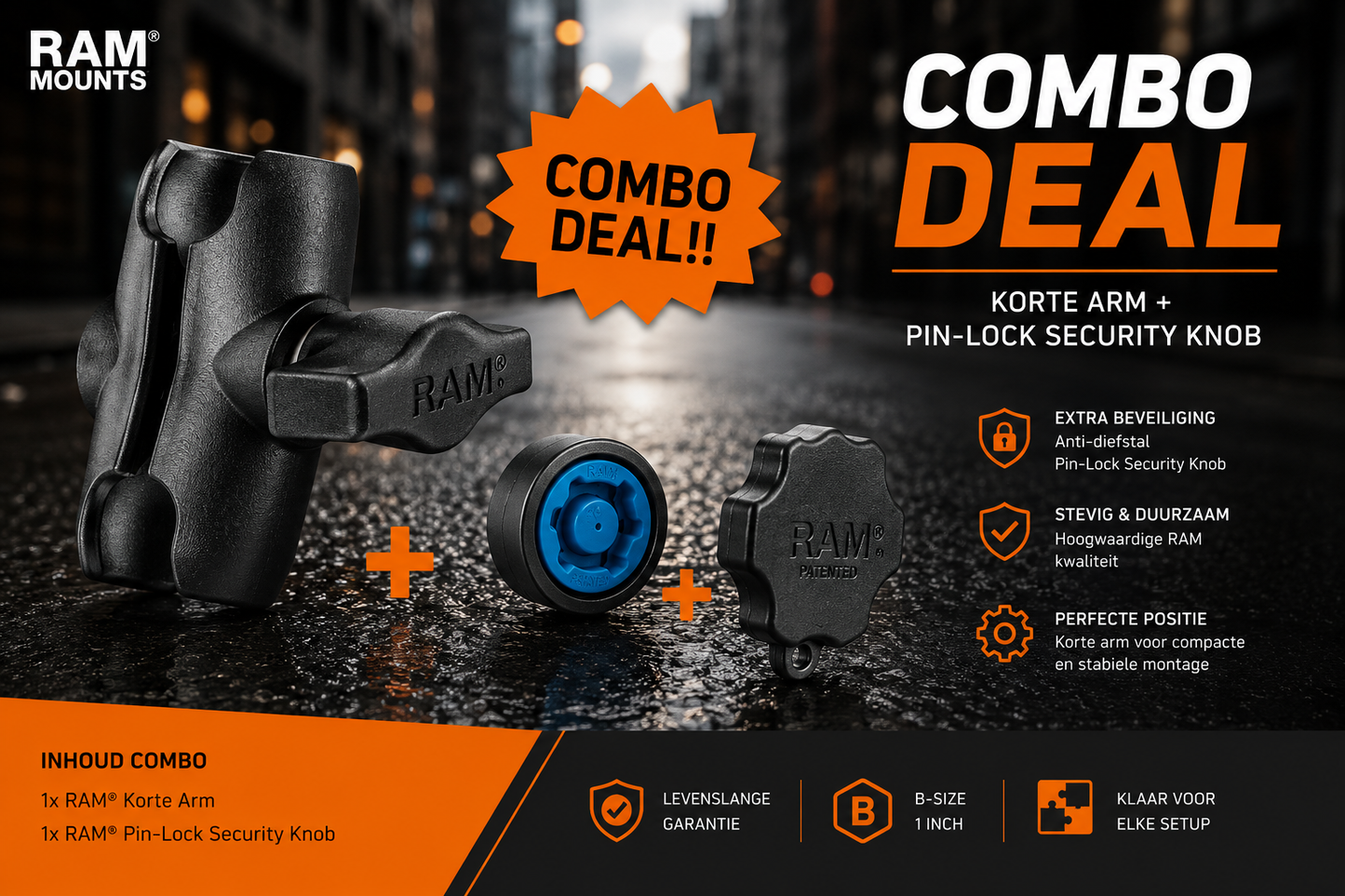 RAM Mount Korte Arm 6 cm + Pin-Lock Security Knob Combo Deal | 1 Inch B-Kogel | Anti-Diefstal